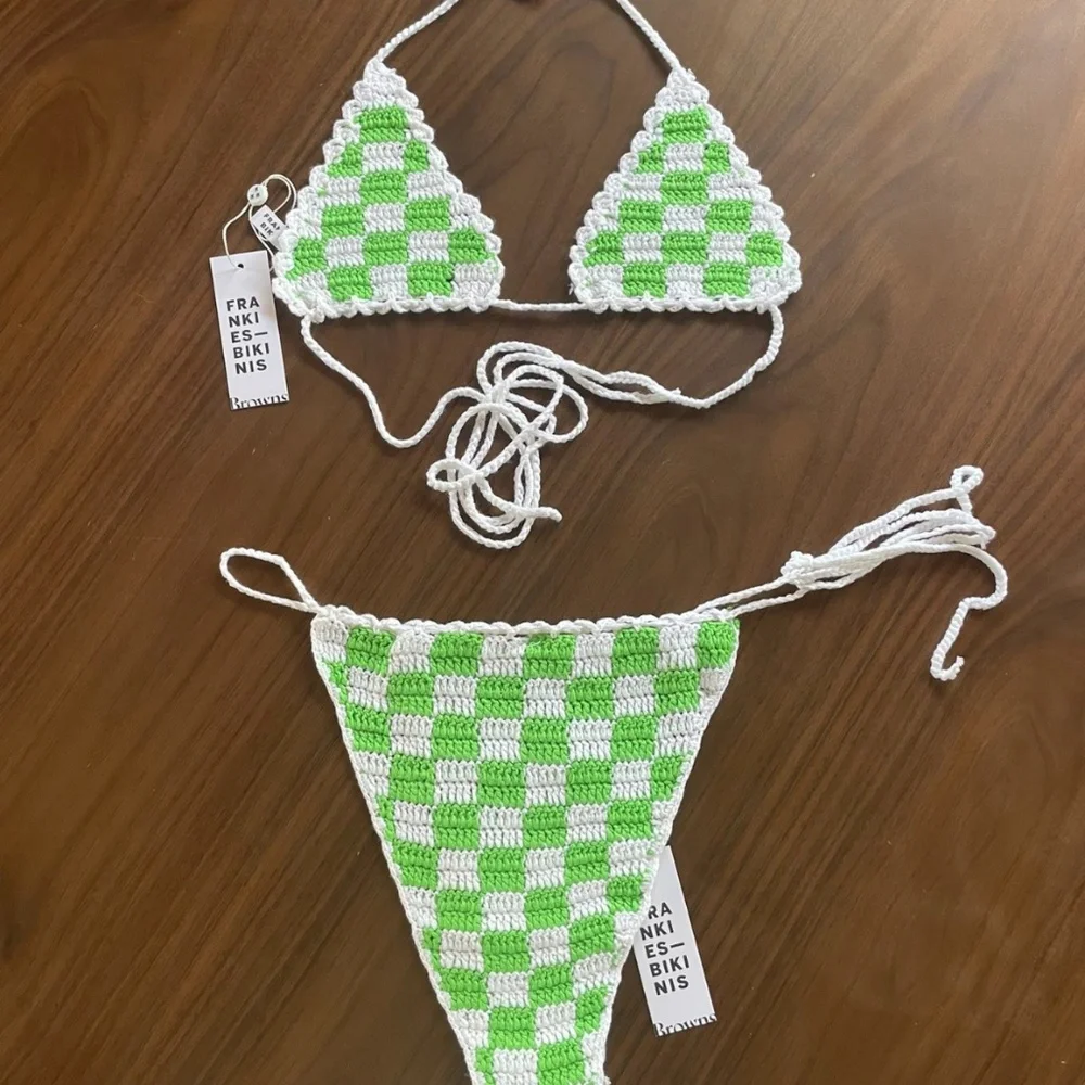 Frankie's Bikinis Green & White Checkered Crochet Bikini - Picture 2 of 5